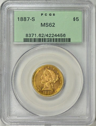 1887-S LIBERTY HEAD HALF EAGLE $5 GOLD PCGS MS62 OGH Cover