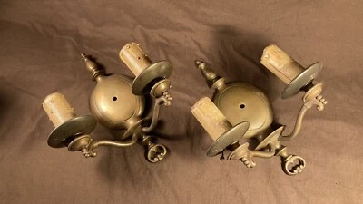 Pair Moe Bridges 2 Candle Wall Sconce Arts Crafts 1920s Light Fixtures Brass - Image 1 of 4