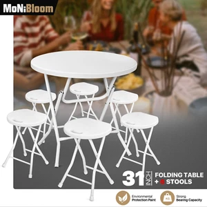 Foldable Dining Set[ROUND TABLE+6 CHAIRS]32" Portable Picnic Desk Camping Stool - Picture 1 of 12