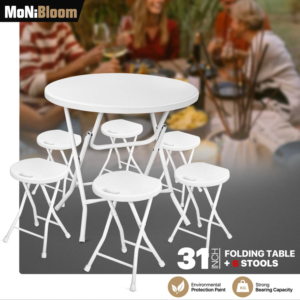 Foldable Dining Set[ROUND TABLE+6 CHAIRS]32" Portable Picnic Desk Camping Stool - Image 1 of 4