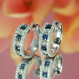 2Ct Lab Created Blue Sapphire Diamond Huggie Hoop Earrings 14K White Gold Plated - Picture 1 of 7