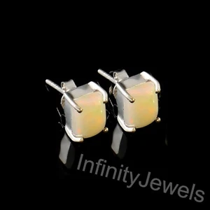 Genuine Ethiopian Fire Opal Stud Earring 925 Sterling Silver Handmade Jewelry - Picture 1 of 10