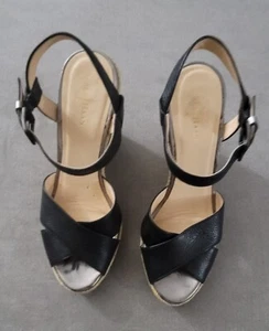 Cole Haan Women's Black Sandals Espadrille Criss Cross Wedge Leather Size 7B - Picture 1 of 11