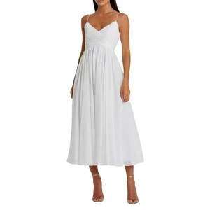 Ieena For Mac Duggal Size Small White Chiffon V Neck Sleeveless Flowy Midi Dress - Picture 1 of 10