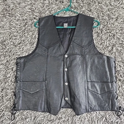 Chaleco de motociclista vintage Wilson de cuero negro con cordones botón a presión para mujer talla XL Foto 1 de 4