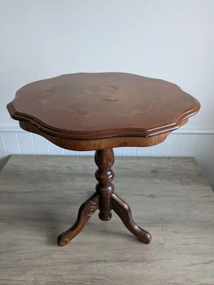 Vintage Italian Style Wavy Edge Solid Round Wooden Table Tripod Legs -Home Decor - Image 1 of 4