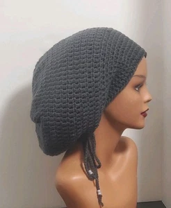 Hecho a mano ajustable carbón ganchillo Tam sombrero rasta con cordón gorro - Imagen 1 de 12