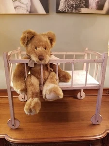 Antique 1920's Pink Painted Wood Baby Doll Crib with Wheels & Polka Dot Mattress - Picture 1 of 14