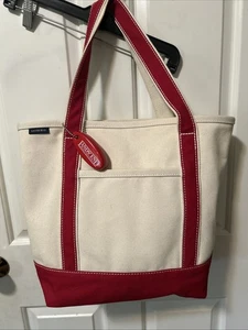 Lands End Canvas Tote Off White Red Straps 13 X 13 X 9. & Bag Charm Key Chain - Picture 1 of 9