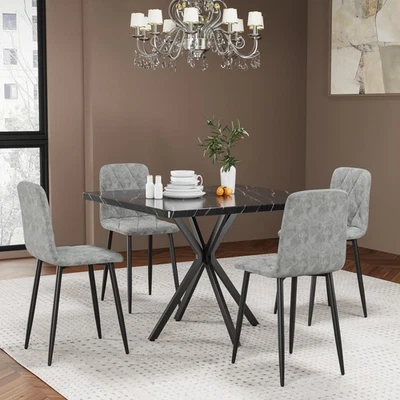 Square Dining Table Set Square Dining Table Faux Marble Tabletop Iron Legs - Image 1 of 4