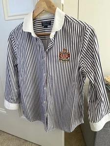 Ralph Lauren Polo Jeans co Crest Oxford Shirt BlueWhite Stripes Womens Sz L - Picture 1 of 6