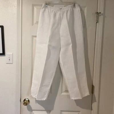 Calça bordada de linho Russ Berens tamanho G branca elástica cintura longa perna - Imagem 1 de 4