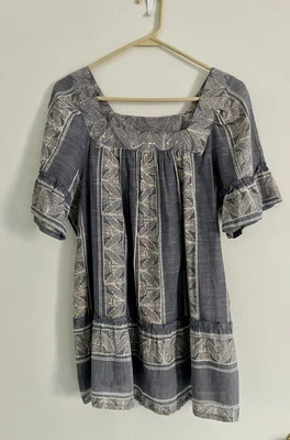 Top Tribal Cuello Cuadrado Verano Denim Claro y Hoja Crema Talla XS Algodón Foto 1 de 4