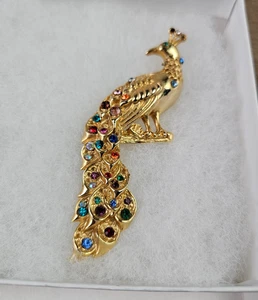 Vintage Art Deco Rhinestone Bird Peacock Brooch Revival Gold Tone - Picture 1 of 6