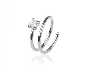 Stainless Steel Double Hoop w/ 2.5mm Clear CZ Nose Ring Plain Silver 8mm 20G - Picture 1 of 5