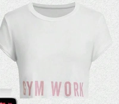 Top corto blanco “GYM WORK” rosa gráfico - manga corta, ropa deportiva informal talla M Foto 1 de 4