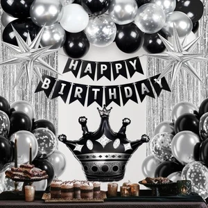 Black Birthday Decorations Men with White Black silver Balloons Happy Birthday - Picture 1 of 7