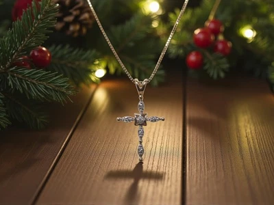 14 Kt. Yellow Gold Box Link Necklace w/ Diamond Cross Pendant Size 20in (3.73g) - Image 1 of 4