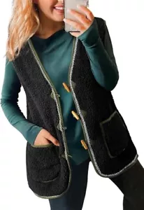 Women's Casual Fuzzy Fleece Vest Warm Open Front Sherpa Cozy Sleeveless Cardigan - Picture 1 of 7
