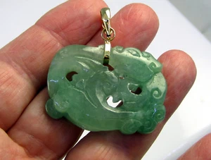 Estate Vintage 14k Gold Carved Dragon Apple Green Jade 9.5 Gram Enhancer Pendant - Picture 1 of 4