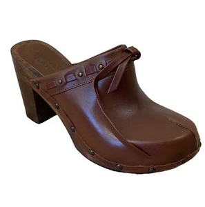 American Eagle Womens Clogs 8.5 Brown Leather Stud Tie Wooden Chuncky Heel Boho - Picture 1 of 12