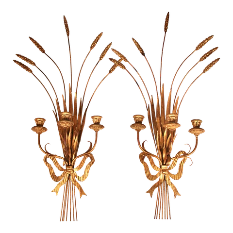 Extra Large Mid Century French Golden Gilt Tole Wheat Wall Sconces - a Pair Cover