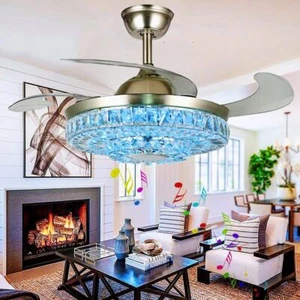 Bluetooth Music Ceiling Fan Crystal Chandelier 7-Color Dimmable Lights w/Remote - Picture 1 of 12