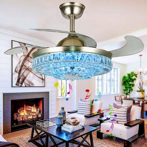 Bluetooth Music Ceiling Fan Crystal Chandelier 7-Color Dimmable Lights w/Remote