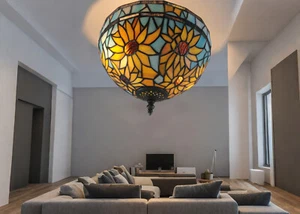 Pastoral Style Sunflower Glass Shade Ceiling Light Tiffany Colorful Pendant Lamp - Picture 1 of 9