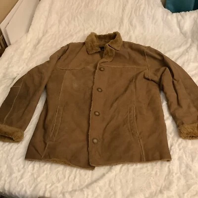 BKE67 Real Leather Buckle Coat Jacket Mens Size M Button Faux Sherpa Lined  - Image 1 of 4