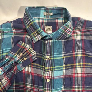 PETER MILLAR 100% Linen Plaid Long Sleeve Casual Shirt Sz L Blue - Picture 1 of 6