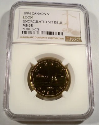 1994 CANADA LOON DOLLAR NGC MS68 UNCIRCULATED MINT SET ISSUE MS 68 $1 - Image 1 of 4