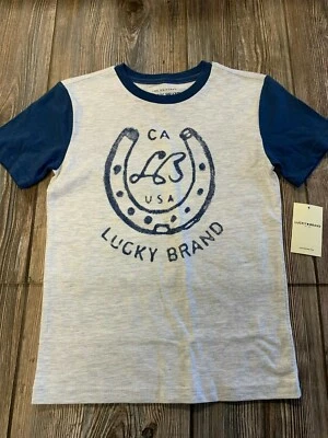 NWT Boys Lucky Brand Cute Light Gray/Navy Large Horseshoe USA Logo Shirt Size 6 - Image 1 of 3