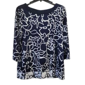 Susan Graver QVC Top Black White Geometric Mock layer hem Medium Liquid Knit EUC - Picture 1 of 8