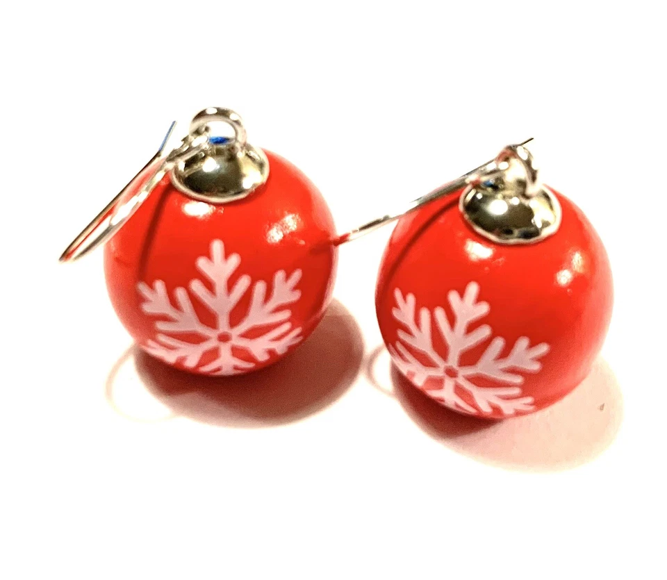 Lightweight Wooden Bauble Earrings, Cherry Red With White Snowflake Motif, Xmas - Image 1 of 1