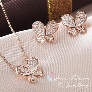 18K Rose Gold Filled Cubic Zirconia Delicate Butterfly Fashion Jewellery Set - Picture 1 of 5