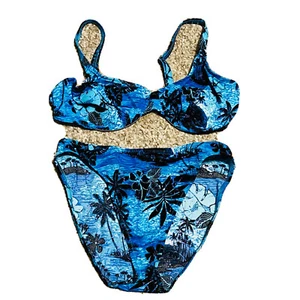 Point Connection Womens bikini large two piece light Dark Blue Floral Palm Trees - Picture 1 of 7