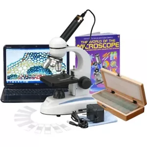 AmScope 40X-1000X Metal Student Compound Microscope, 50 Prep Slide, Book, Camera - Picture 1 of 8