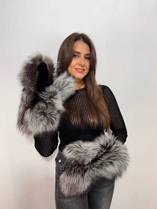 Silver Fox Fur and Rex Rabbit Fur Mittens Saga Furs Full Fur Fits Most Women's - Picture 1 of 10