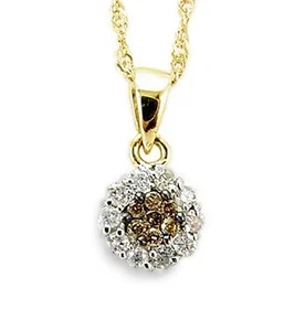 Chocolate Brown & White Diamond Pendant 14K Yellow Gold Halo Cluster .25ct - Picture 1 of 2