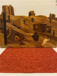 Southwestern Hand-Crafted Wood Inlay Art Adobe Landscape by Bodie 1998 Intersia - Picture 1 of 16