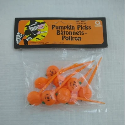 Antigo NOS Halloween Abóbora Cupcake Picks Amscan 10 Jack-o-lantern década de 1980 - Imagem 1 de 2