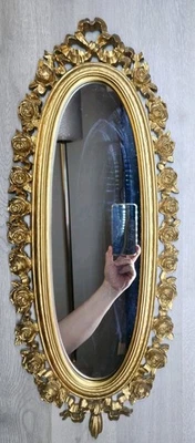 Hollywood Regency Gold Oval Wall Mirror Syroco 2324 Floral Roses 25.25"x10.5" - Image 1 of 4