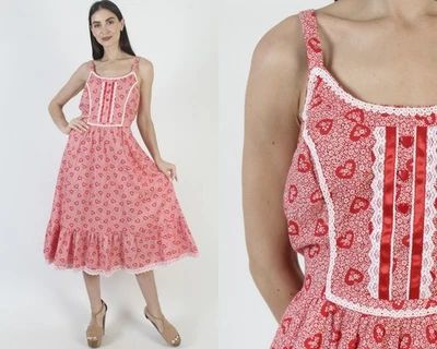 Vintage Red Heart Print Dress Calico Crochet Lace Boho Prairie Cottage Sundress - Image 1 of 4