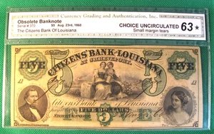 Obosolete Banknote - The Citizens Bank of Louisiana - 1860 - $5 - CGA 63* #S1422 - Picture 1 of 4