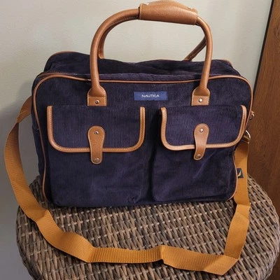 Bolso de Lona NAUTICA Azul Pana Correas Bronceadas 18" X 12.5" X 7" Equipaje de Mano para Noche Foto 1 de 4