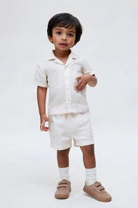 NWT H&M Unisex 2-piece Organic Linen Shirt & Shorts Set Timeless Beige Size 2T - Picture 1 of 6