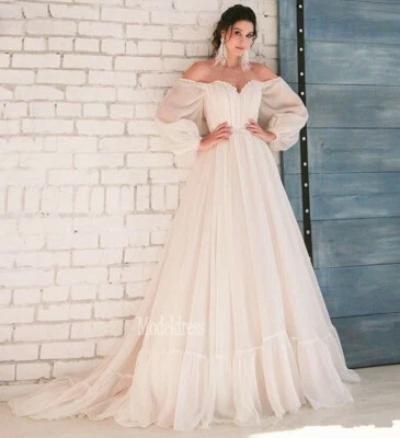 Vestido de novia rosa/blush con hombros descubiertos de gasa media manga personalizado Foto 1 de 4