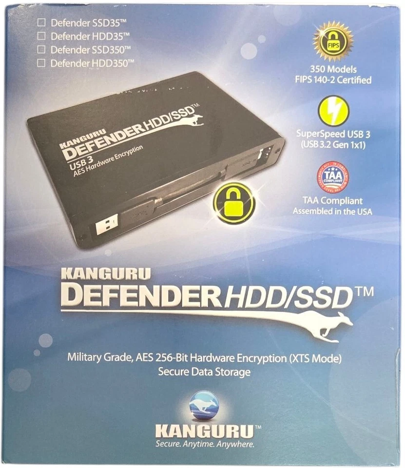 Kanguru Defender SSD350 4TB USB 3.0 Secure Hardware Encrypted Portable SSD - Image 1 of 2