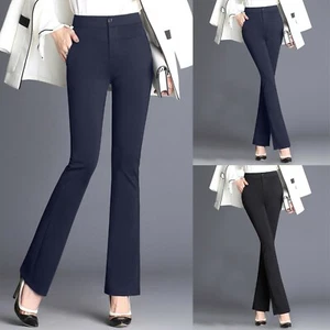 Women Stretchy Work Business Casual Straight Leg Trousers High Waist Pants - Picture 1 of 18